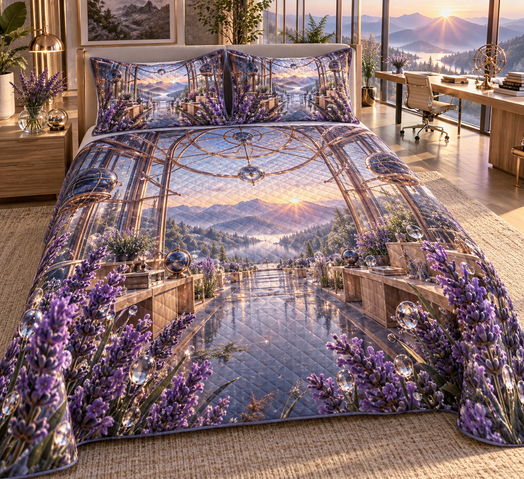 One quilted bedding set with a continuous lavender observatory studio, white blooms, brass coordinate rings, sapphire grids and a deep city vista.