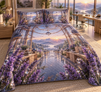 One quilted bedding set with a continuous lavender observatory studio, white blooms, brass coordinate rings, sapphire grids and a deep city vista.