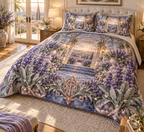 One quilted bedding set with a continuous lavender welcome atrium, white blooms, brass coordinate rings, sapphire grids and a deep city vista.