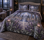 One quilted bedding set with a continuous lavender moonwell library, white blooms, brass coordinate rings, sapphire grids and a deep city vista.