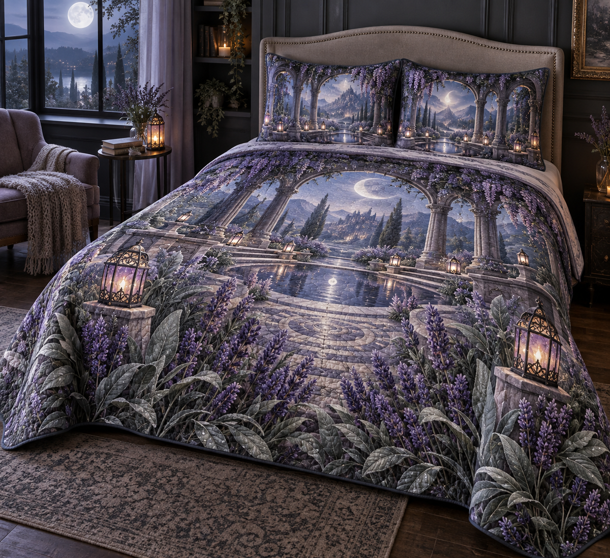 One quilted bedding set with a continuous lavender moonwell library, white blooms, brass coordinate rings, sapphire grids and a deep city vista.
