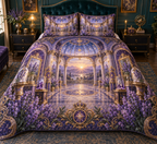 One quilted bedding set with a continuous lavender jubilee gallery, white blooms, brass coordinate rings, sapphire grids and a deep city vista.