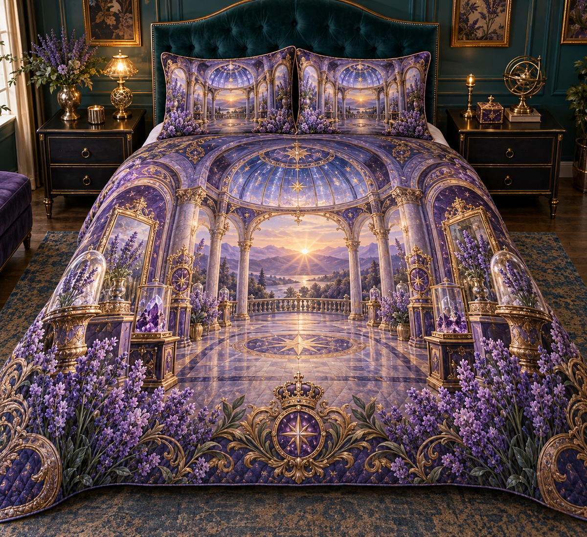 One quilted bedding set with a continuous lavender jubilee gallery, white blooms, brass coordinate rings, sapphire grids and a deep city vista.