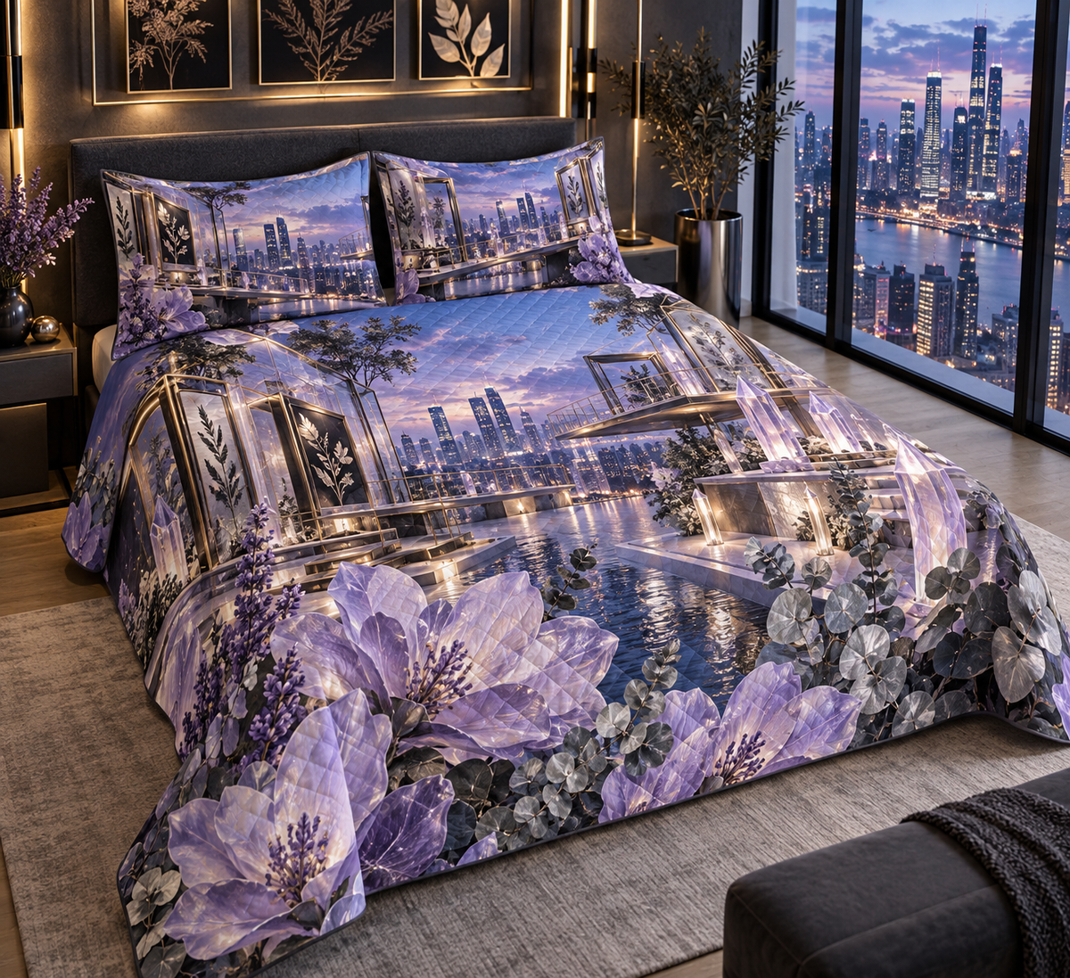 One quilted bedding set with a continuous lavender prism loft gallery, white blooms, brass coordinate rings, sapphire grids and a deep city vista.