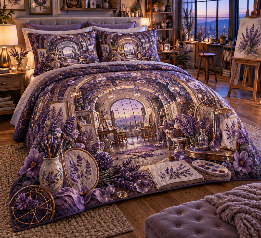 One quilted bedding set with a continuous lavender artisan atelier, white blooms, brass coordinate rings, sapphire grids and a deep city vista.