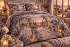 One quilted bedding set with a continuous lavender welcome conservatory, white blooms, brass coordinate rings, sapphire grids and a deep city vista.