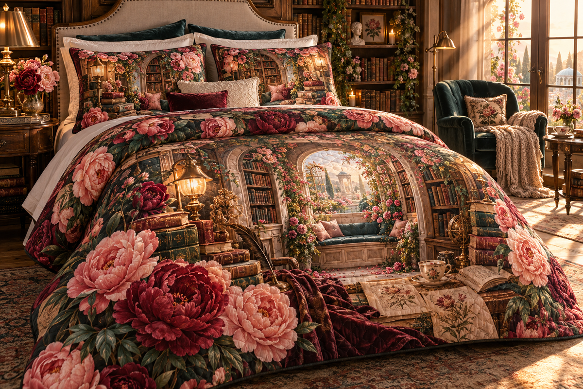 One quilted bedding set with a continuous peony storybook alcove, white blooms, brass coordinate rings, sapphire grids and a deep city vista.