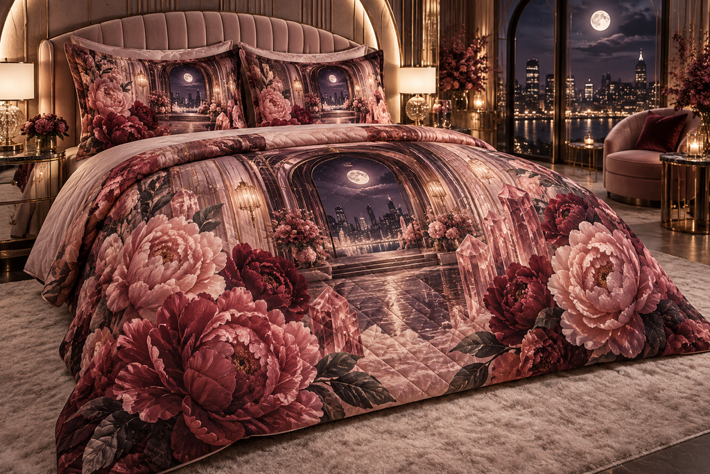 One quilted bedding set with a continuous peony celestial boudoir, white blooms, brass coordinate rings, sapphire grids and a deep city vista.