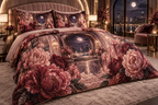 One quilted bedding set with a continuous peony celestial boudoir, white blooms, brass coordinate rings, sapphire grids and a deep city vista.