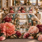 One quilted bedding set with a continuous peony grand salon, coral and wine peonies, champagne portals, smoky teal glass and a deep sunlit salon vista.