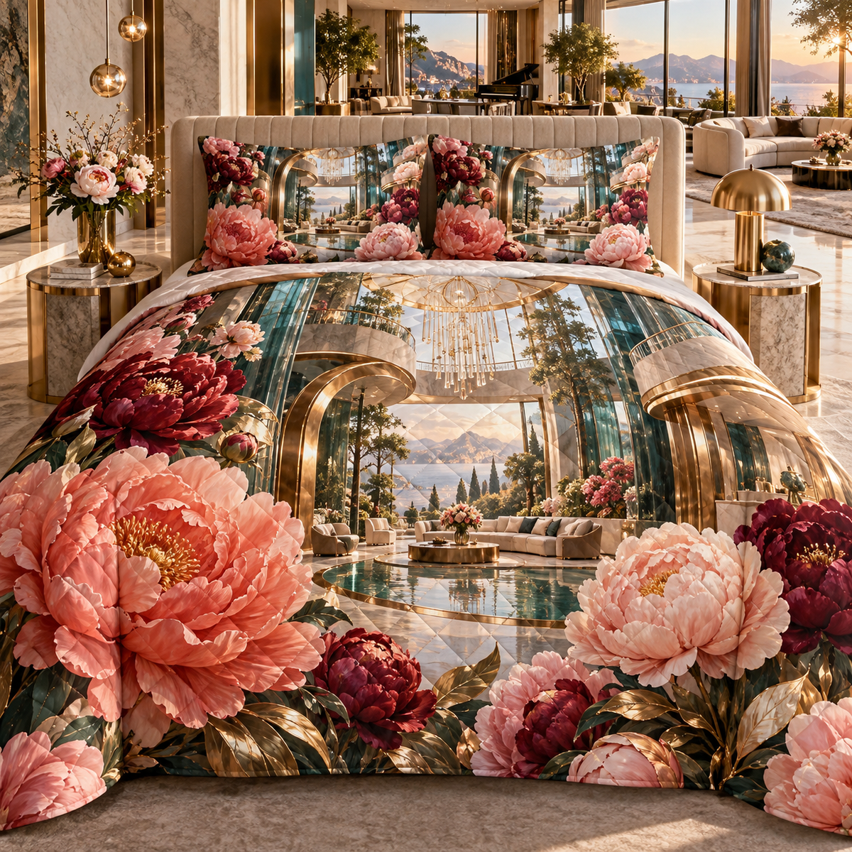 One quilted bedding set with a continuous peony grand salon, coral and wine peonies, champagne portals, smoky teal glass and a deep sunlit salon vista.