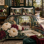 One quilted bedding set with a continuous peony architect observatory, ivory and burgundy peonies, aged-brass drafting arcs, emerald glass and a deep conservatory-library vista.