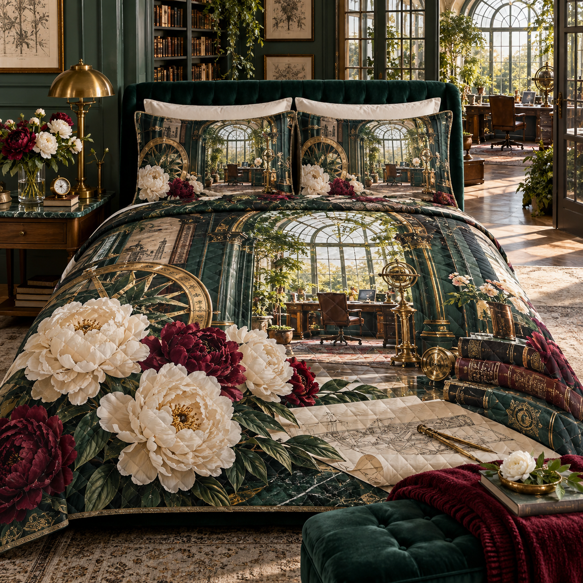 One quilted bedding set with a continuous peony architect observatory, ivory and burgundy peonies, aged-brass drafting arcs, emerald glass and a deep conservatory-library vista.