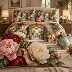 One quilted bedding set with a continuous peony welcome atrium, blush, ivory and garnet peonies, antique-brass keys, travertine arches and a deep lantern courtyard vista.