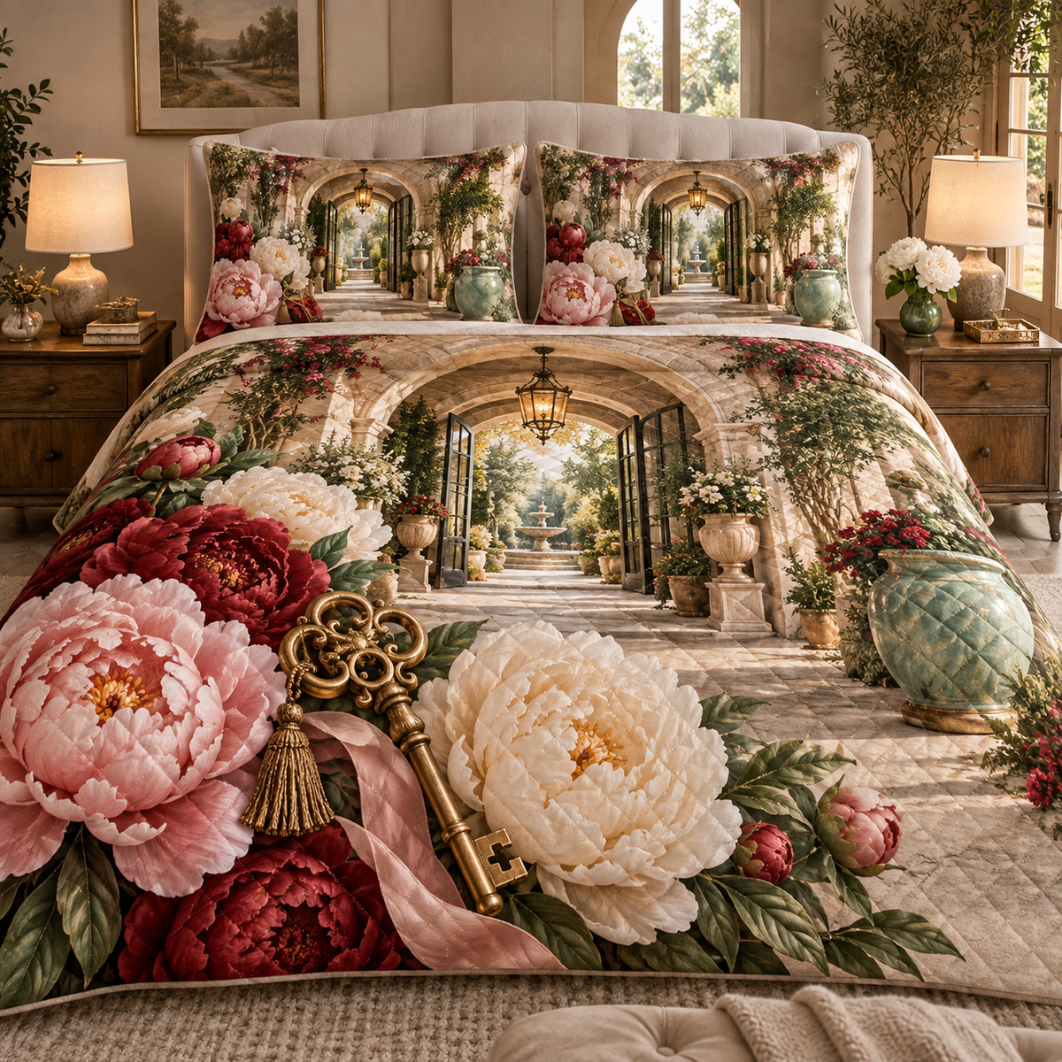 One quilted bedding set with a continuous peony welcome atrium, blush, ivory and garnet peonies, antique-brass keys, travertine arches and a deep lantern courtyard vista.