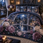 One quilted bedding set with a continuous peony moonwell sanctuary, indigo, mauve and moonstone peonies, silver arches, blue glass and a deep moonlit pool vista.