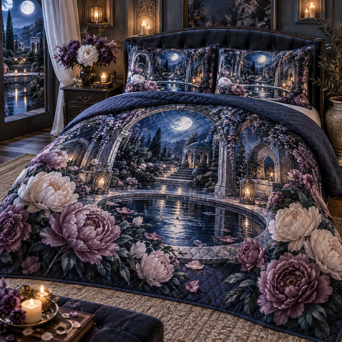 One quilted bedding set with a continuous peony moonwell sanctuary, indigo, mauve and moonstone peonies, silver arches, blue glass and a deep moonlit pool vista.