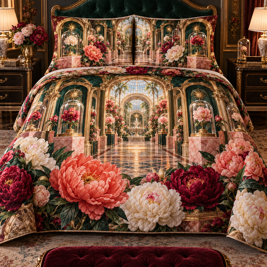 One quilted bedding set with a continuous peony curator jubilee gallery, ruby, coral, ivory and blush peonies, emerald niches, gold arches and a deep conservatory vista.