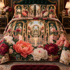 One quilted bedding set with a continuous peony curator jubilee gallery, ruby, coral, ivory and blush peonies, emerald niches, gold arches and a deep conservatory vista.