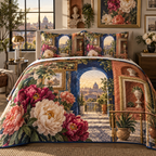 One quilted bedding set with a continuous peony floating loft fresco, magenta, coral and cream peonies, cobalt arches, terracotta niches and a deep rooftop vista.