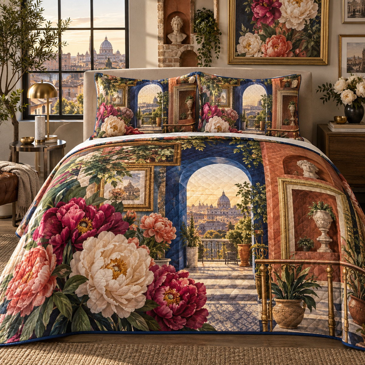 One quilted bedding set with a continuous peony floating loft fresco, magenta, coral and cream peonies, cobalt arches, terracotta niches and a deep rooftop vista.