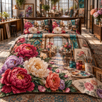 One quilted bedding set with a continuous peony artisan prism atelier, magenta, coral and cream peonies, cobalt arches, terracotta niches and a deep rooftop vista.