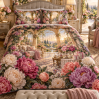 One quilted bedding set with a continuous peony gratitude conservatory, blush, raspberry, coral and ivory peonies, champagne-gold arches, tea service and a deep sunlit garden vista.