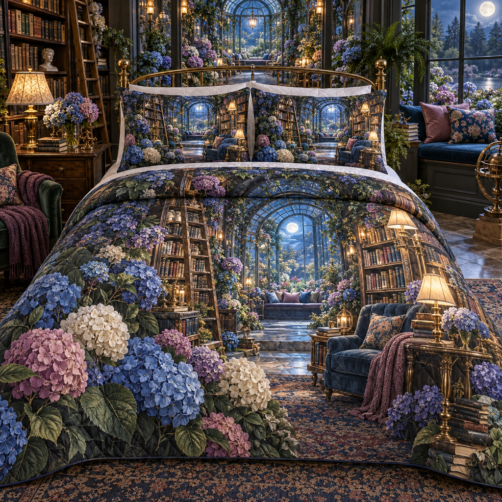 One quilted bedding set with a continuous moonlit hydrangea library, cobalt, periwinkle and ivory blooms, antique-brass shelves, warm reading lamps and a deep window-seat vista.