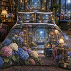One quilted bedding set with a continuous moonlit hydrangea library, cobalt, periwinkle and ivory blooms, antique-brass shelves, warm reading lamps and a deep window-seat vista.