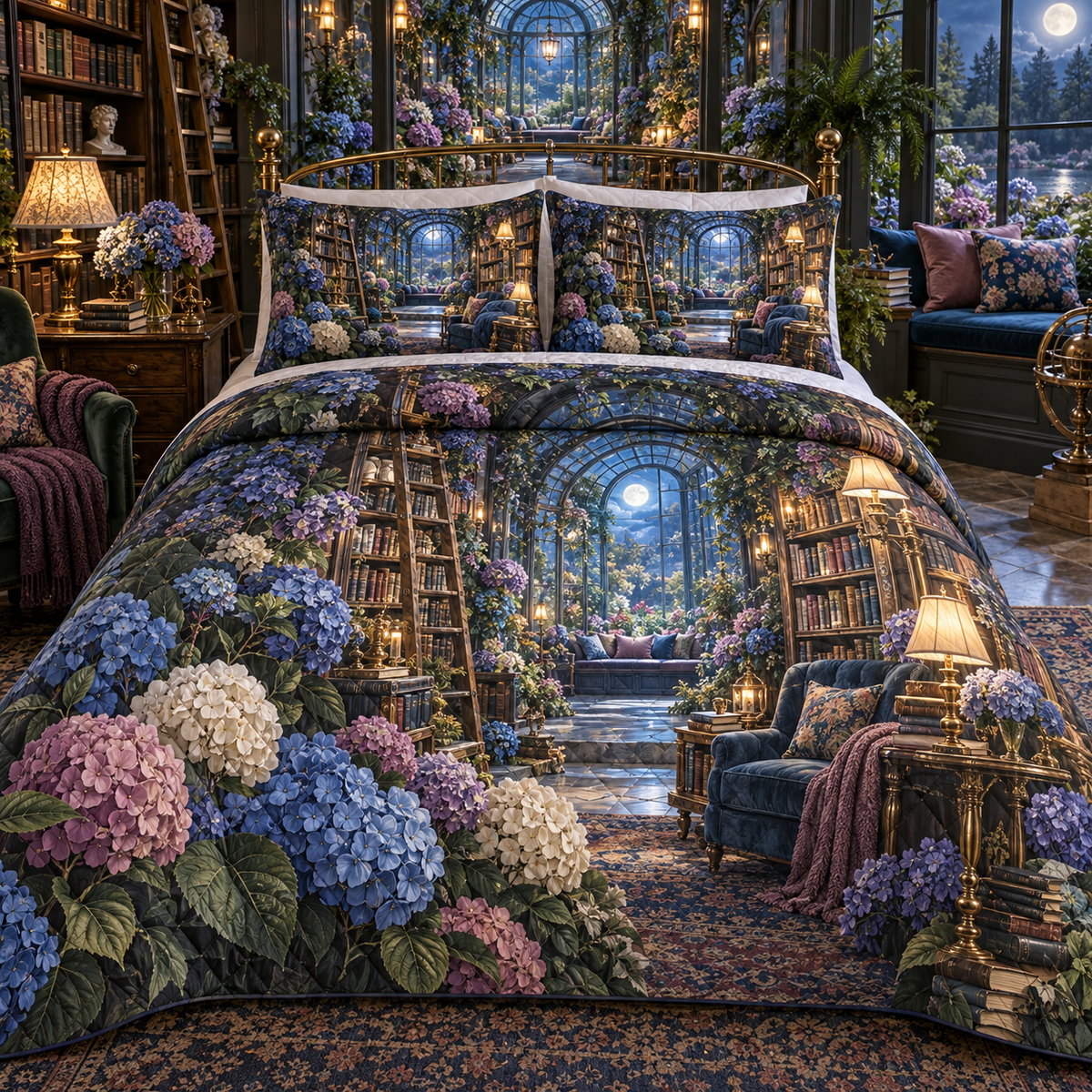 One quilted bedding set with a continuous moonlit hydrangea library, cobalt, periwinkle and ivory blooms, antique-brass shelves, warm reading lamps and a deep window-seat vista.