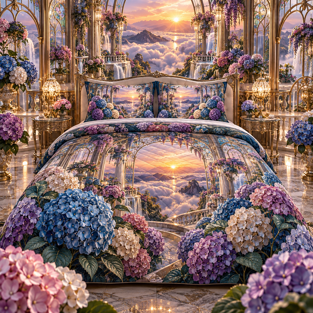 One quilted bedding set with a continuous hydrangea aurora boudoir, sapphire, teal, amethyst and pearl blooms, champagne arches and a deep sunrise canopy-bed vista.