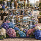 One quilted bedding set with a continuous hydrangea cascade atrium, cobalt, turquoise, violet and ivory blooms, bronze arches, waterfalls and a deep sunken salon.