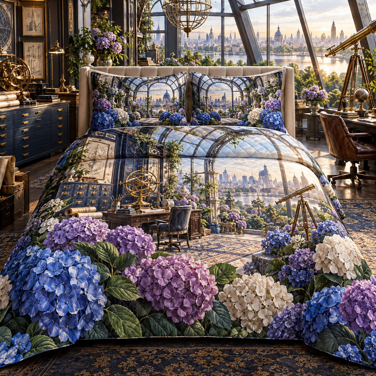 One quilted bedding set with a continuous hydrangea architect observatory, cobalt, cyan, violet and ivory blooms, brass drafting arcs, blueprints, telescopes and a deep city-garden view.