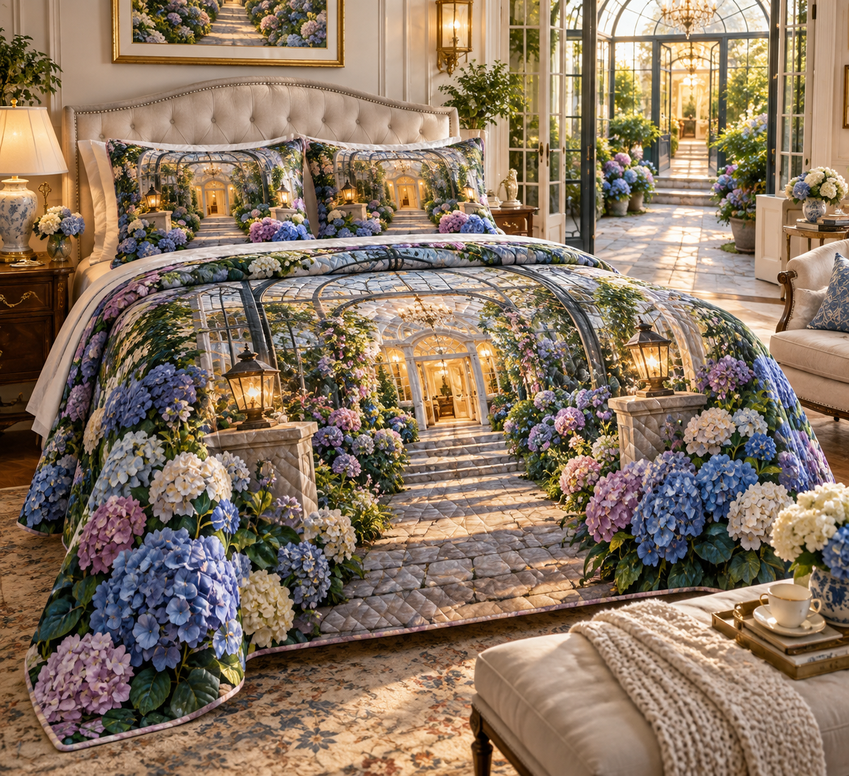 One quilted bedding set with a continuous hydrangea welcome manor, cobalt, periwinkle, lavender, blush and ivory blooms, brass keys, lanterns and a deep new-home entrance.