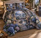 One quilted bedding set with a continuous moonlit hydrangea courtyard, indigo, mist-blue, pearl and dusty-lilac blooms, silver arches, lanterns, reflecting water and a secluded bench.