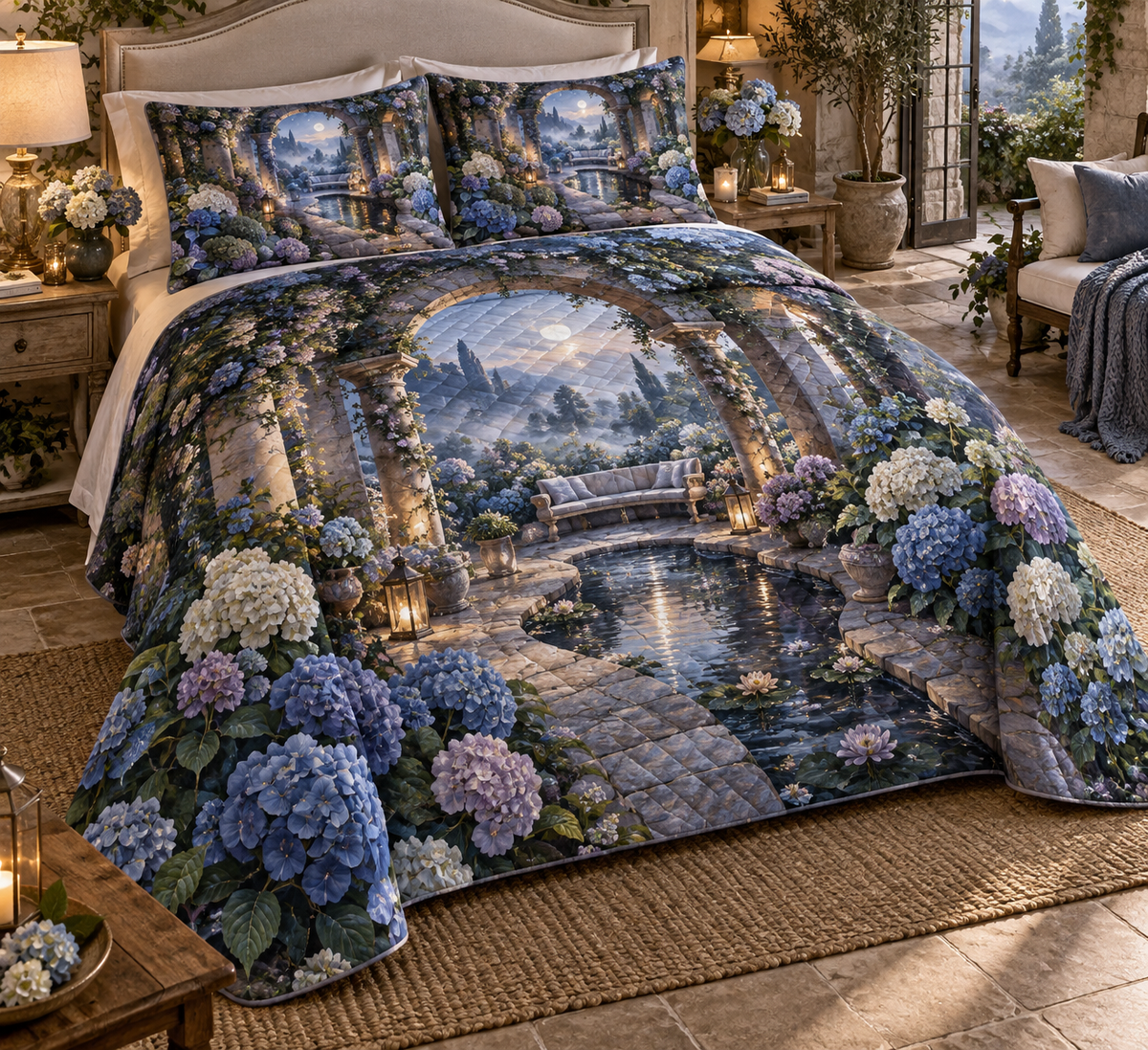 One quilted bedding set with a continuous moonlit hydrangea courtyard, indigo, mist-blue, pearl and dusty-lilac blooms, silver arches, lanterns, reflecting water and a secluded bench.