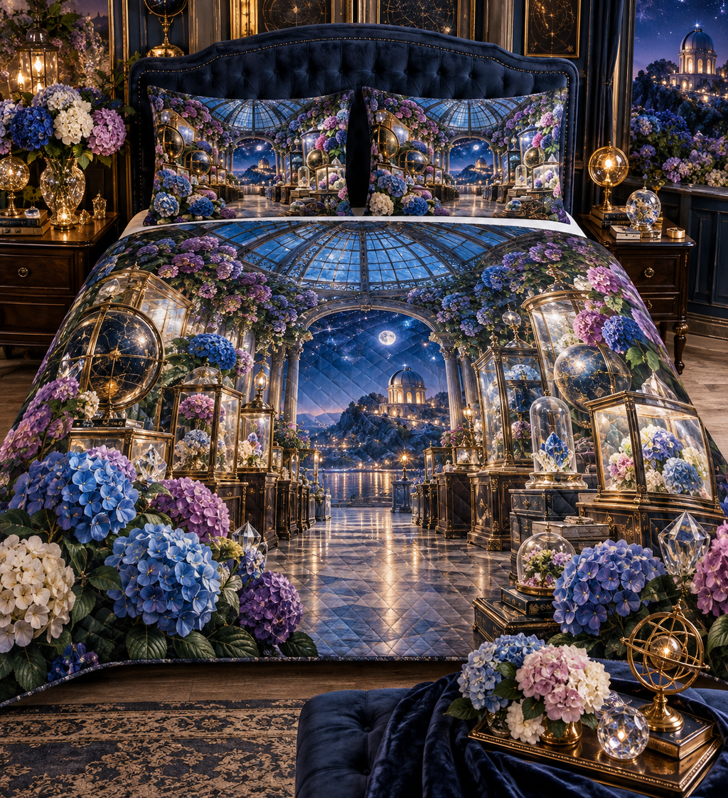 One quilted bedding set with a continuous hydrangea curio gallery, sapphire, amethyst, teal, blush and ivory blooms, crystals, brass vitrines, celestial globes and a distant observatory.