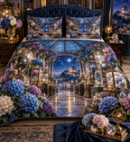 One quilted bedding set with a continuous hydrangea curio gallery, sapphire, amethyst, teal, blush and ivory blooms, crystals, brass vitrines, celestial globes and a distant observatory.