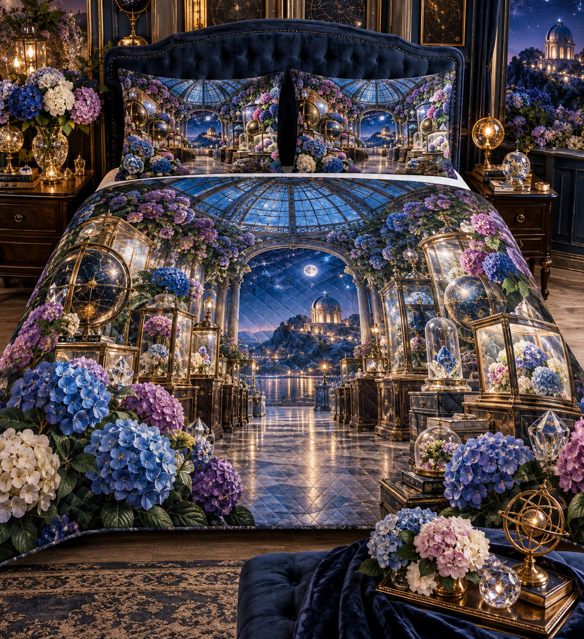 One quilted bedding set with a continuous hydrangea curio gallery, sapphire, amethyst, teal, blush and ivory blooms, crystals, brass vitrines, celestial globes and a distant observatory.