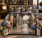 One quilted bedding set with a continuous hydrangea perspective salon, cobalt, cyan, orchid, coral and ivory blooms, brass frames, sculptural niches and a distant skyline terrace.
