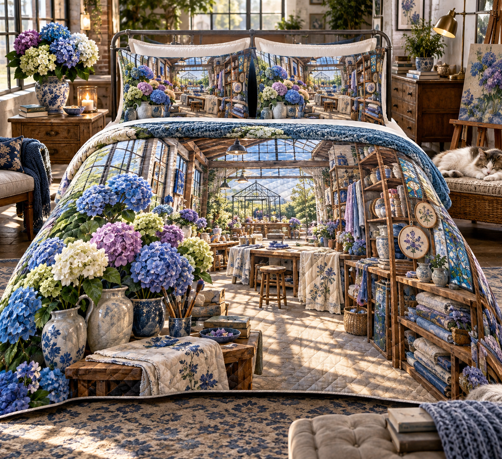 One quilted bedding set with a continuous hydrangea maker's lantern loft, cobalt, cornflower, violet, mint and ivory blooms, copper shelves, ceramic vessels, craft tools and a distant greenhouse workbench.