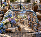 One quilted bedding set with a continuous hydrangea maker's lantern loft, cobalt, cornflower, violet, mint and ivory blooms, copper shelves, ceramic vessels, craft tools and a distant greenhouse workbench.