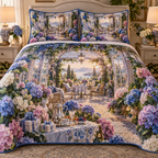 One quilted bedding set with a continuous gracious host conservatory, cobalt, cornflower, violet, blush and ivory hydrangeas, silver tea service, crystal, ribboned gifts and a glowing garden doorway.