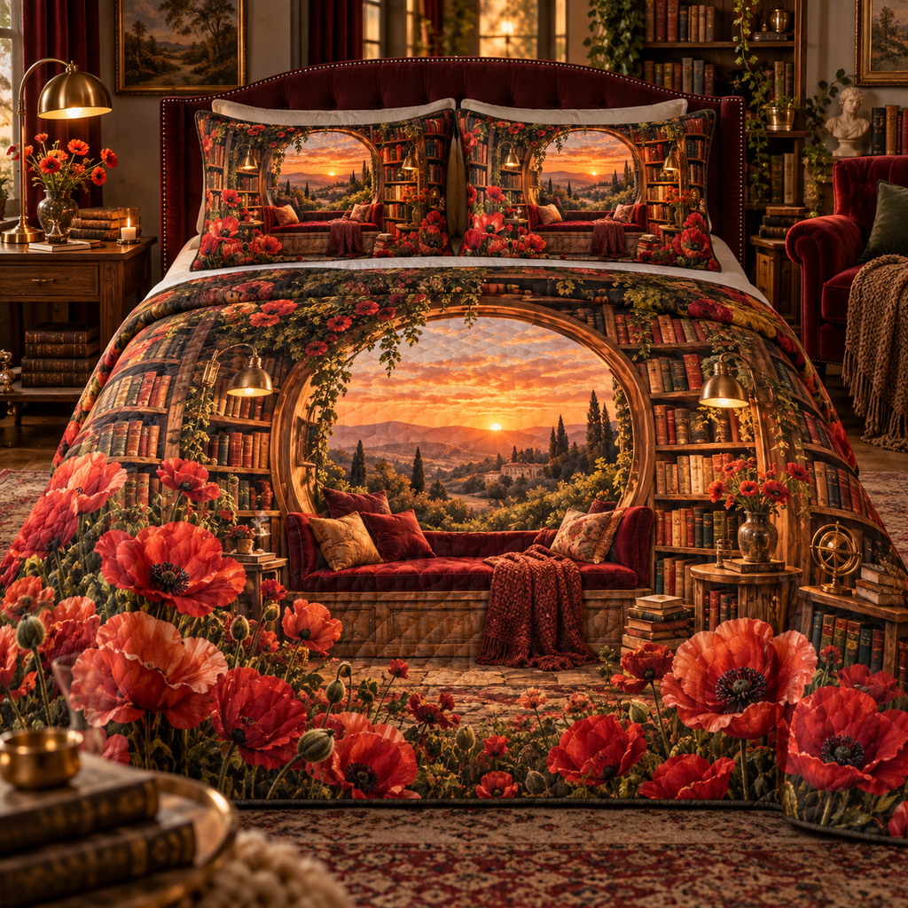 One quilted bedding set with a continuous poppy emberlight library alcove, scarlet, coral, apricot and cream blooms, curved walnut shelves, brass lamps and a distant sunset window seat.