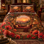 One quilted bedding set with a continuous poppy emberlight library alcove, scarlet, coral, apricot and cream blooms, curved walnut shelves, brass lamps and a distant sunset window seat.