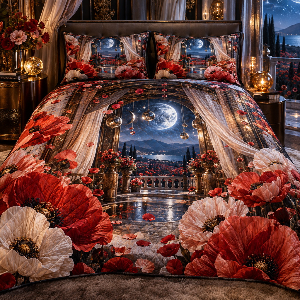 One quilted bedding set with a continuous poppy celestial canopy chamber, scarlet, coral, blush and ivory blooms, bronze arches, gauzy drapery, mirrored moons and a midnight meadow balcony.