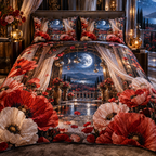 One quilted bedding set with a continuous poppy celestial canopy chamber, scarlet, coral, blush and ivory blooms, bronze arches, gauzy drapery, mirrored moons and a midnight meadow balcony.