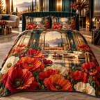 One quilted bedding set with a continuous poppy grand salon portal, ruby, vermilion, tangerine and ivory blooms, brass arches, dark teal glass, reflective floor and a distant meadow terrace.