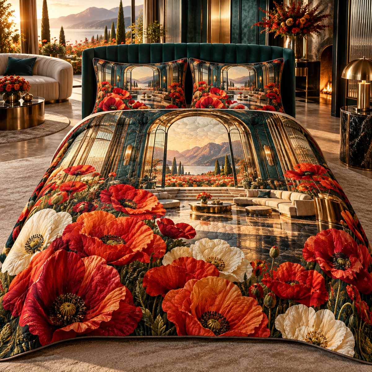 One quilted bedding set with a continuous poppy grand salon portal, ruby, vermilion, tangerine and ivory blooms, brass arches, dark teal glass, reflective floor and a distant meadow terrace.