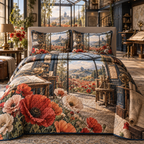 One quilted bedding set with a continuous poppy cartographer studio, scarlet, burnt-orange, blush and ivory blooms, brass map grids, midnight-blue cabinetry, a glass-roof mezzanine and a distant meadow observatory.
